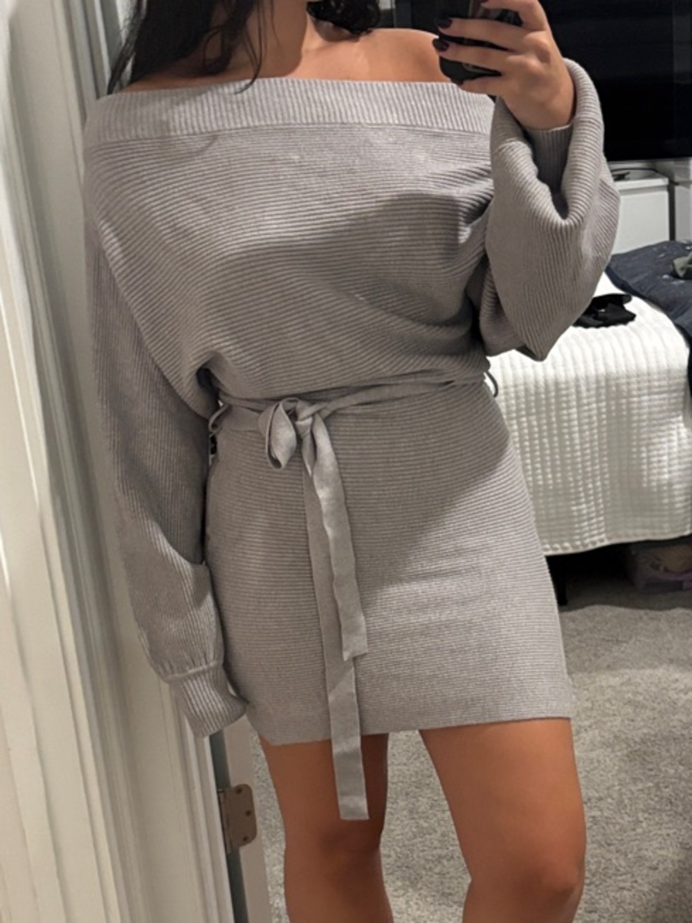 AKIRA Off-Shoulder Knit Mini Dress in Light Gray